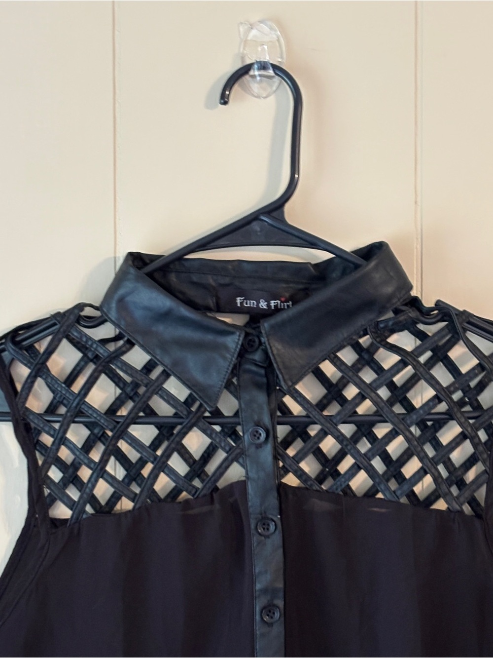 Fun & Flirt Black Faux Leather Lattice Collared Top Size L